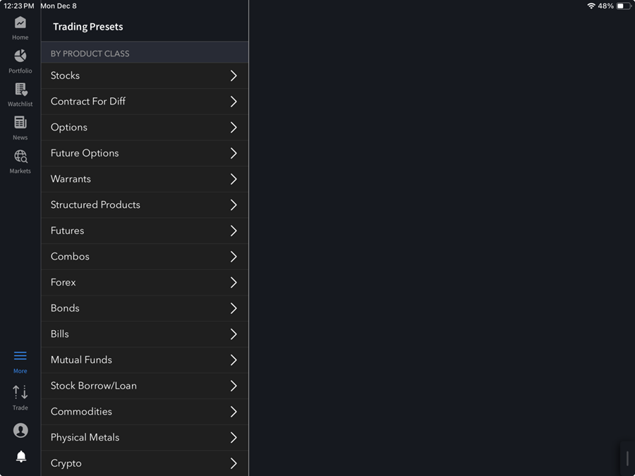 The trade presets product class on the ipad. 